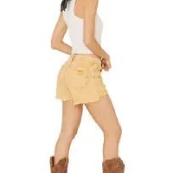 - "NWT" FREE PEOPLE WOMEN'S MAGGIE DENIM JEAN SHORTS- YELLOW-‎ SIZE 25 - Picture 2 of 12